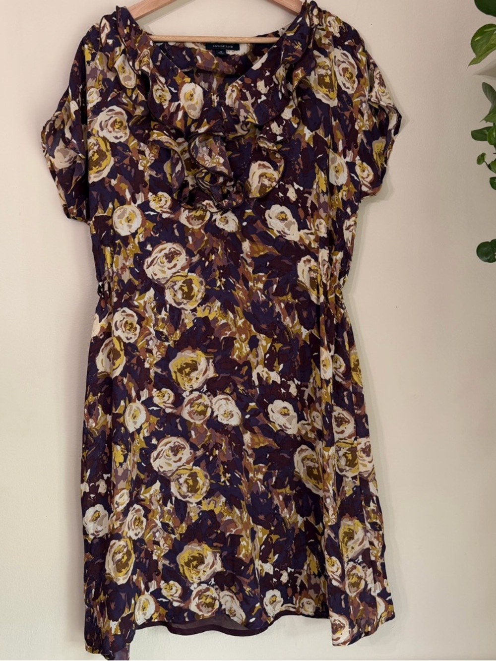 Lands' End Painterly Floral Blouse - Purple, Brown, Yellow Ruffle Front Flowy